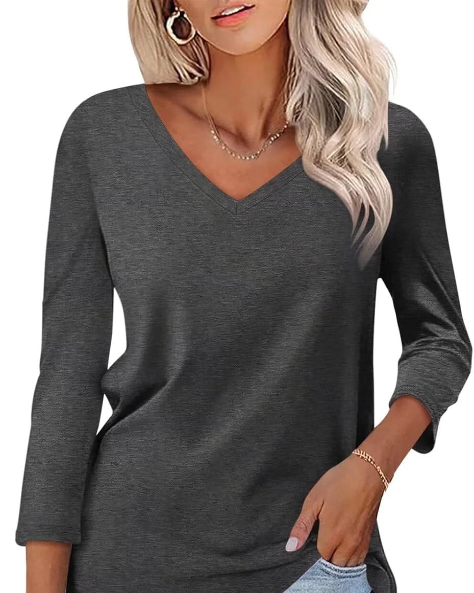 Minetom Women's 3/4 Length Sleeve Tops V Neck T Shirts Casual Basic Tees, Charcoal, Small, photo 8
