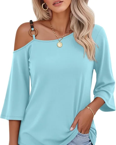 Minetom Women's Off the Shoulder Tops 3 4 Sleeve V Neck T Shirts Fall Tee, thumbnail 9