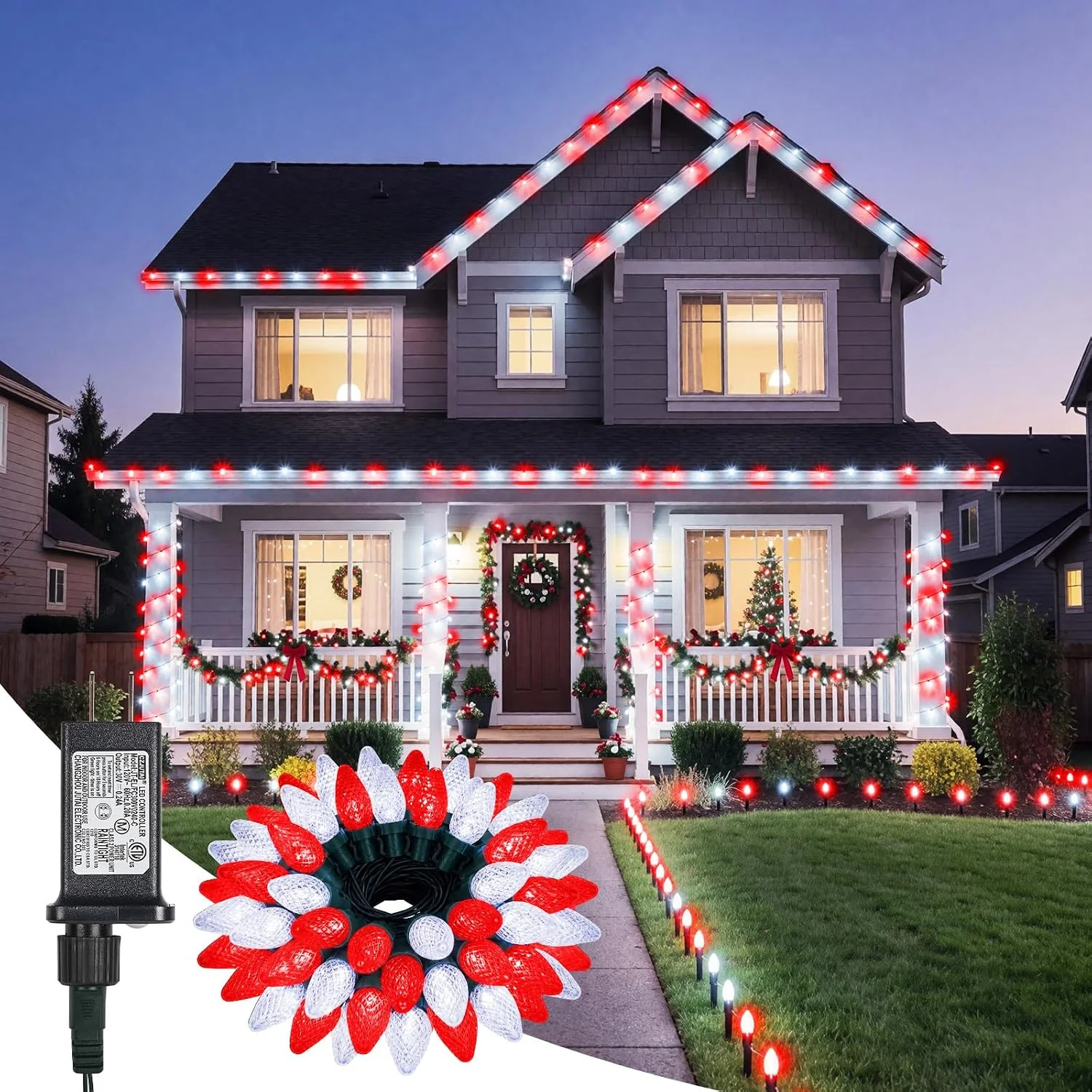 Minetom C9 Christmas Lights Outdoor, 85FT 110LED String Lights with 8 Lighting, Red & Pure White, 1 Pack, photo 6