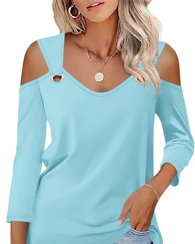 Minetom Women's V Neck 3/4 Sleeve Shirts Cold Shoulder Tops 2026 Fall Tees, thumbnail 15