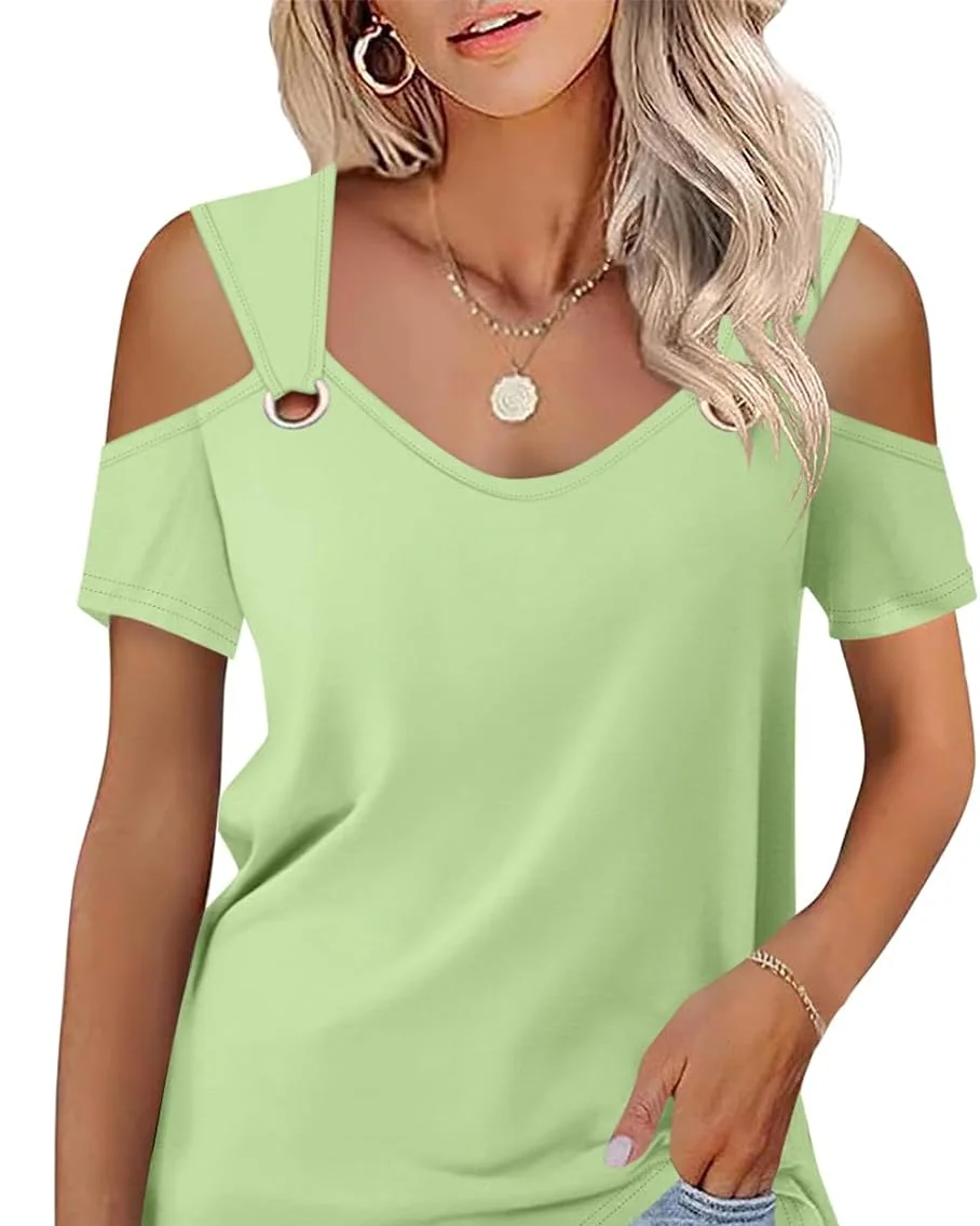 Minetom Women's Cold Shoulder Tops Short Sleeve V Neck T Shirts Summer Tee, Grass Green, Medium, photo 20