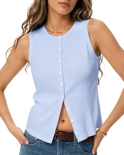 Minetom Womens Sleeveless Button Down Shirts Ribbed Tank Tops Pink, thumbnail 3