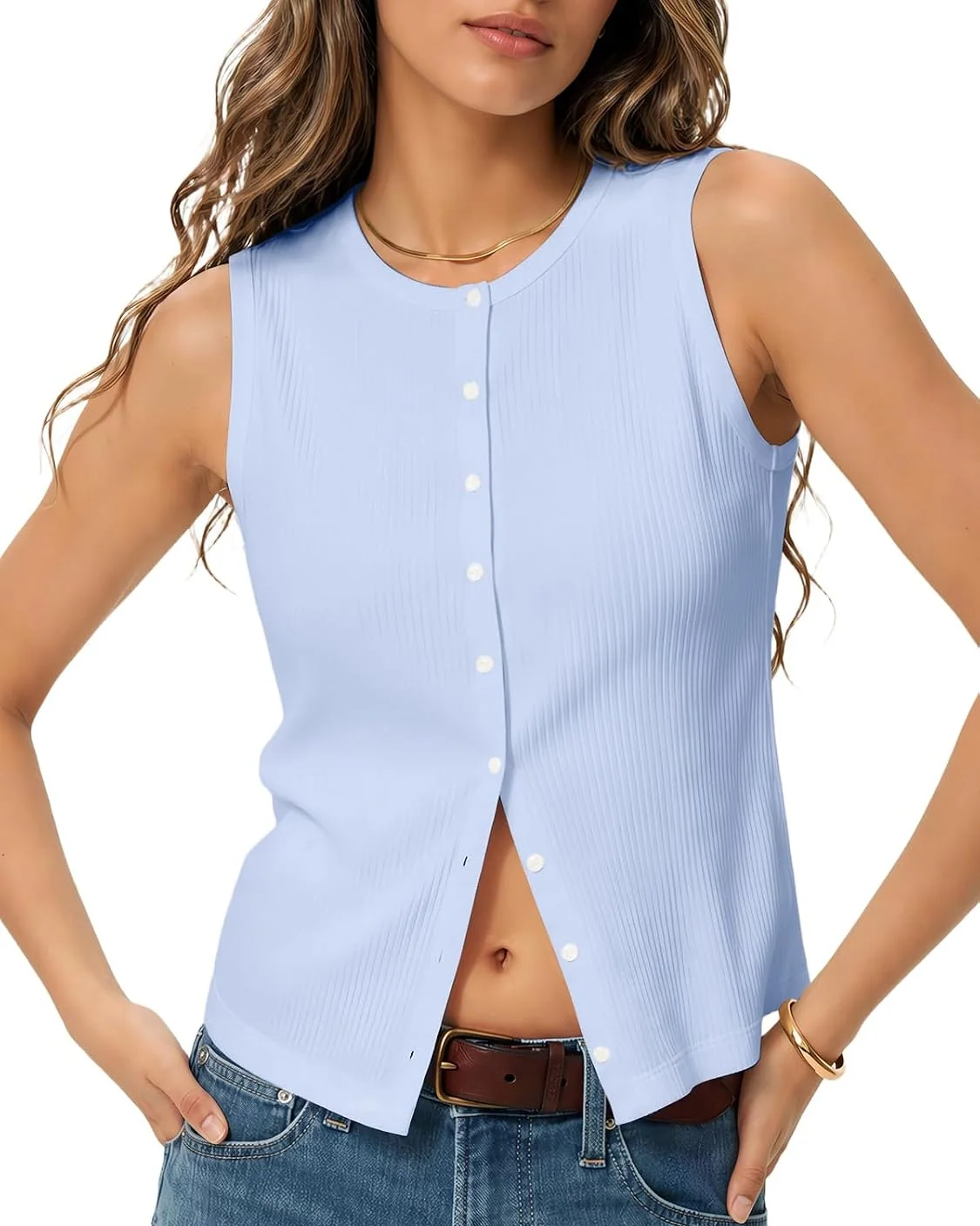 Minetom Womens Sleeveless Button Down Shirts Ribbed Tank Tops Pink, Light Blue, Small, photo 3