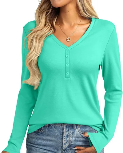 Minetom Womens Long Sleeve Tops Henley V Neck Tees Button Up Shirts Basic, thumbnail 16