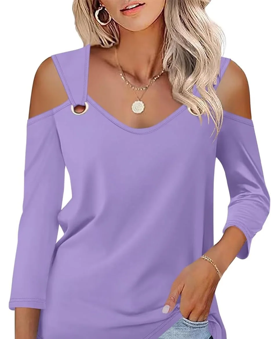 Minetom Women's V Neck 3/4 Sleeve Shirts Cold Shoulder Tops 2026 Fall Tees, Purple, Small, photo 7