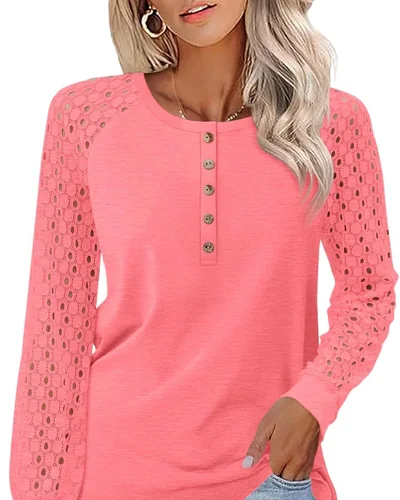 Minetom Women's Lace Long Sleeve Tops Henley Shirts Fall Button Up Blouse, thumbnail 6