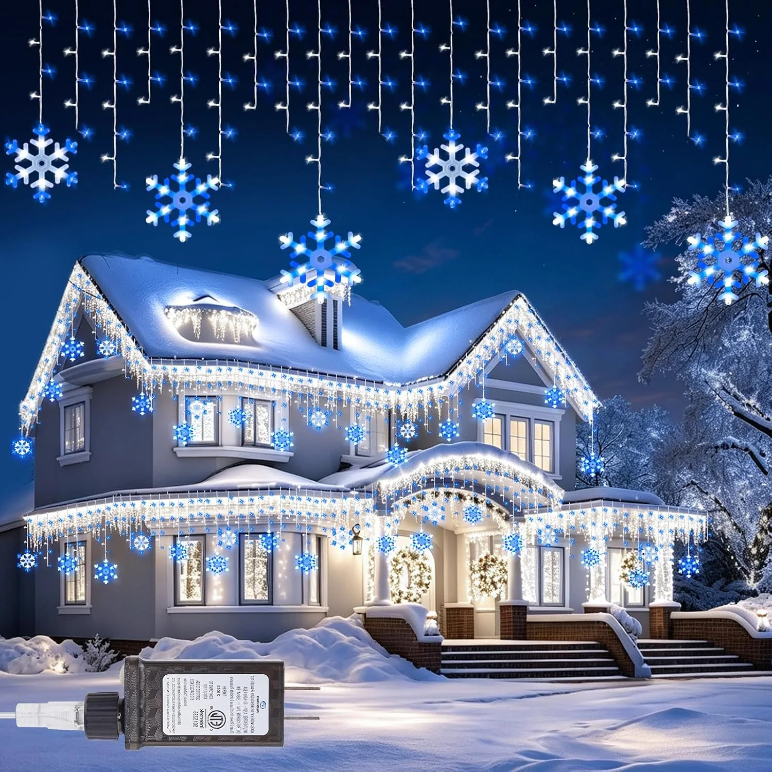 Minetom Icicle Lights Outdoor with Snowflake, 20FT 200 LED Icicle Light, Blue and White, 20 FT, photo 3