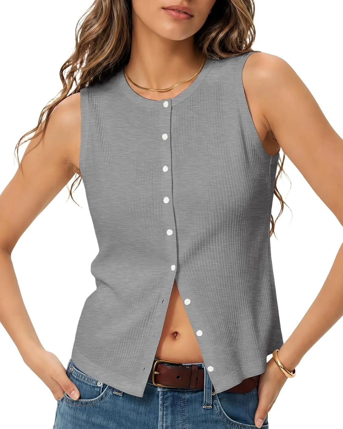 Minetom Womens Sleeveless Button Down Shirts Ribbed Tank Tops Pink, Light Grey, Small, photo 7