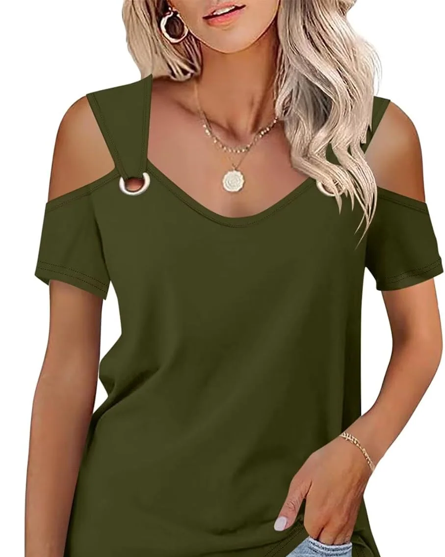 Minetom Women's Cold Shoulder Tops Short Sleeve V Neck T Shirts Summer Tee, Green, Small, photo 19