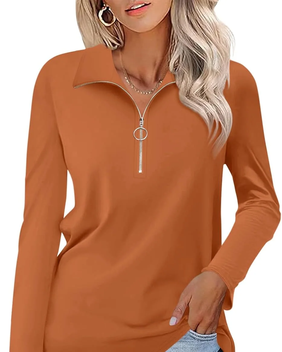 Minetom Womens Long Sleeve Shirts 1/4 Zipper Pullover V Neck Collar Tops, Rust, Small, photo 14
