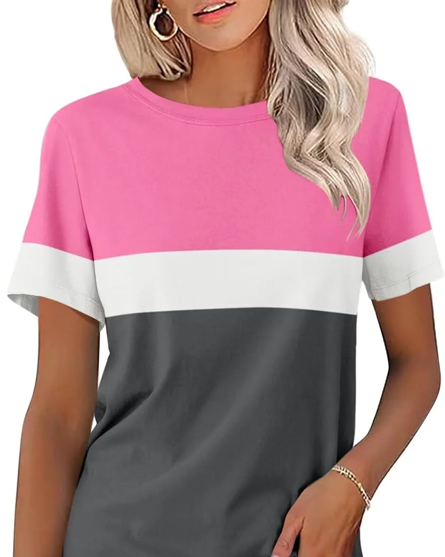 Minetom Womens Color Block T Shirts Short Sleeve Tops Summer Tees, Hot Pink-white-charcoal, Small, photo 14