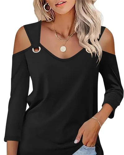 Minetom Women's V Neck 3/4 Sleeve Shirts Cold Shoulder Tops 2026 Fall Tees, thumbnail 17
