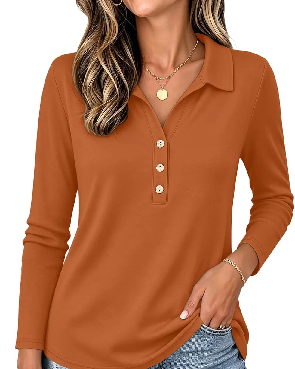 Minetom Womens Long Sleeve Tops Collared Button Up Shirts, Burnt Orange, Small, photo 7