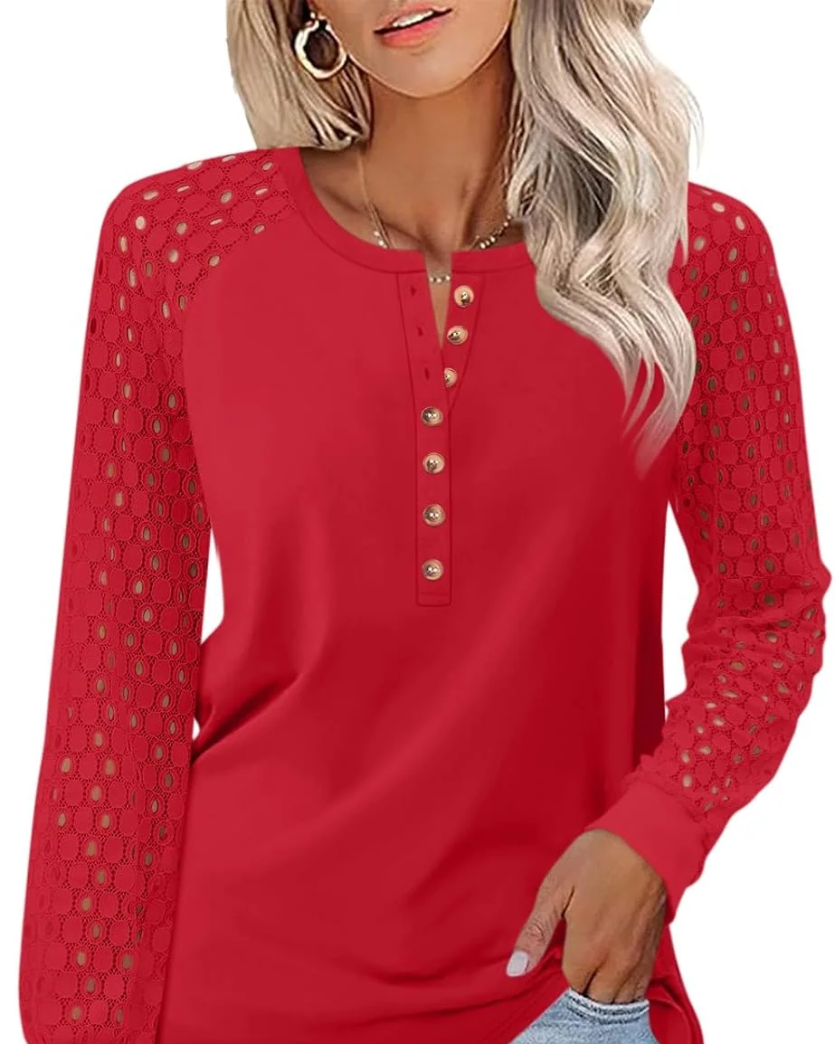 Minetom Women's Lace Long Sleeve Tops Henley Shirts Casual Blouses Tees, Red, Small, photo 10