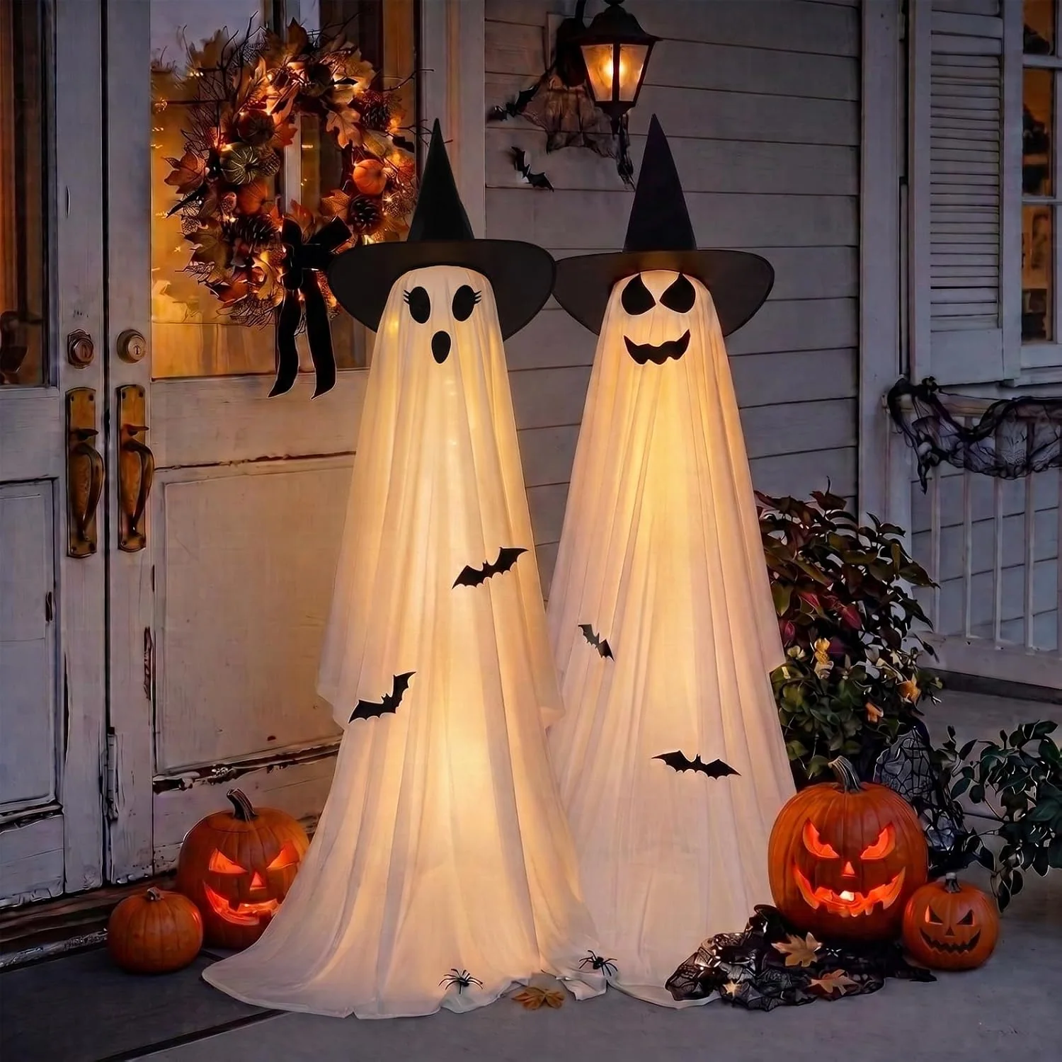 Minetom 2 Pack 5 FT Halloween Ghost Decorations Light Up Ghosts Outdoor, 2 witch hats, 59in, photo 1