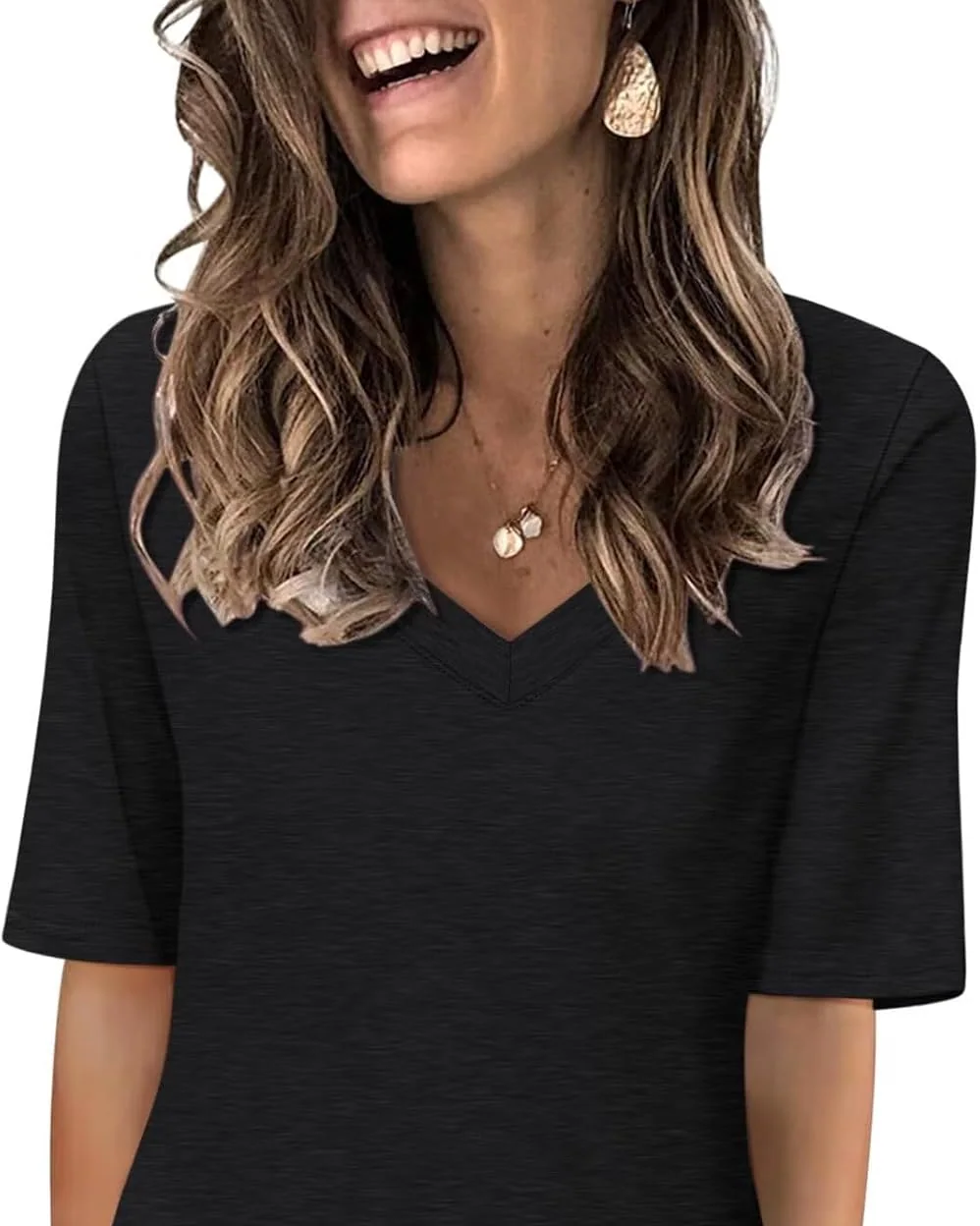 Minetom Women's V Neck T Shirts Casual Half Sleeve Tops Basic Summer Tees, Black, Small, photo 10