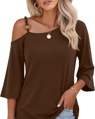 Minetom Women's Off the Shoulder Tops 3 4 Sleeve V Neck T Shirts Fall Tee, thumbnail 3