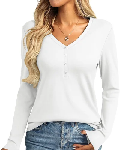 Minetom Womens Long Sleeve Tops Henley V Neck Tees Button Up Shirts Basic, thumbnail 17