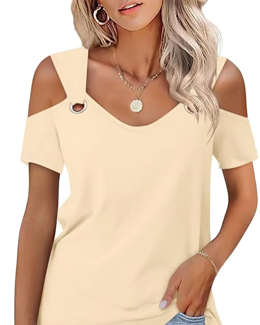 Minetom Women's Cold Shoulder Tops Short Sleeve V Neck T Shirts Summer Tee, Apricot, Small, photo 26