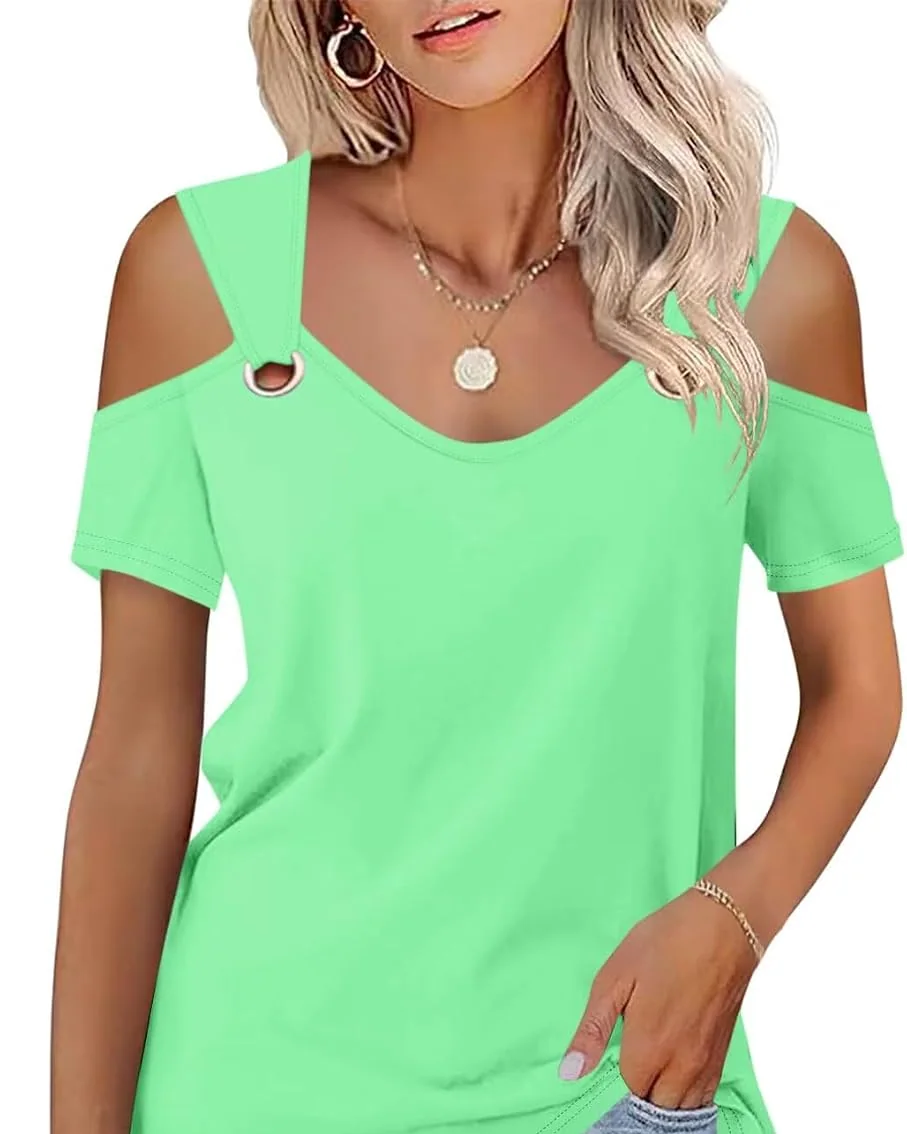 Minetom Women's Cold Shoulder Tops Short Sleeve V Neck T Shirts Summer Tee, Light Green, Small, photo 17