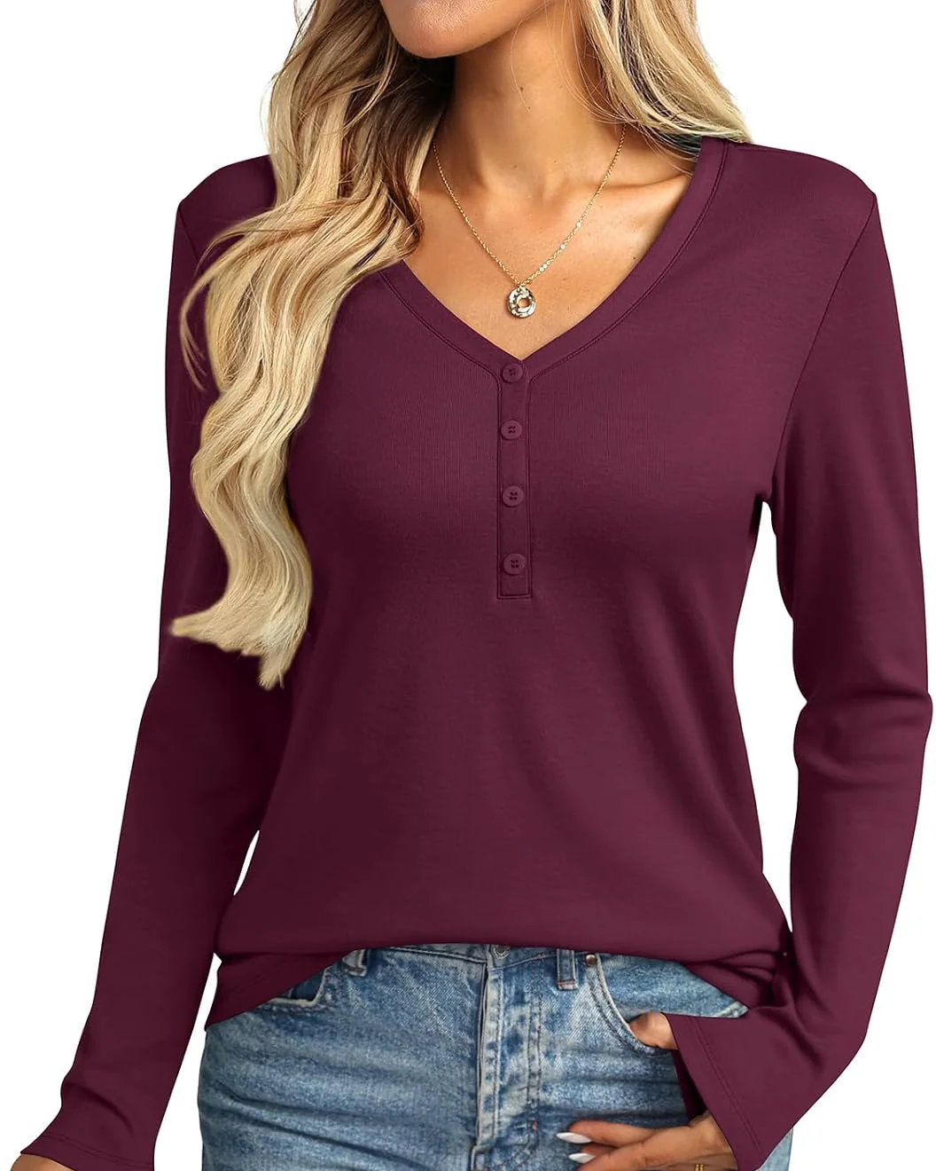 Minetom Womens Long Sleeve Tops Henley V Neck Tees Button Up Shirts Basic, Wine Red, Small, photo 8