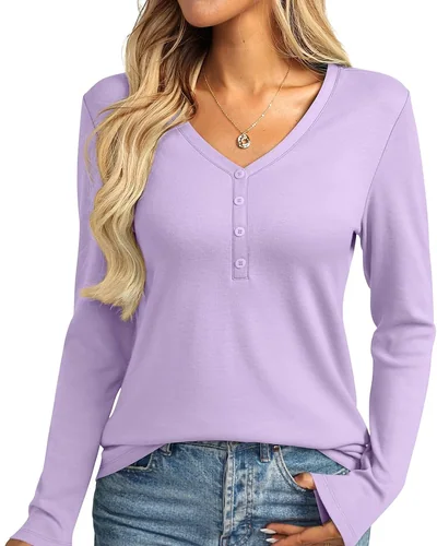 Minetom Womens Long Sleeve Tops Henley V Neck Tees Button Up Shirts Basic, thumbnail 12