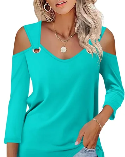 Minetom Women's V Neck 3/4 Sleeve Shirts Cold Shoulder Tops 2026 Fall Tees, thumbnail 10