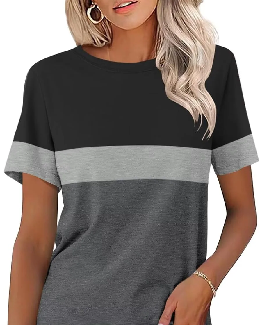 Minetom Womens Color Block T Shirts Short Sleeve Tops Summer Tees, Black-gray-charcoal, Small, photo 18