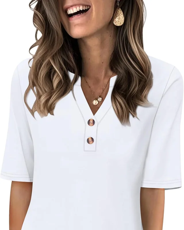 Minetom Women's Half Sleeve Tops V Neck T Shirt Button Casual Tee White