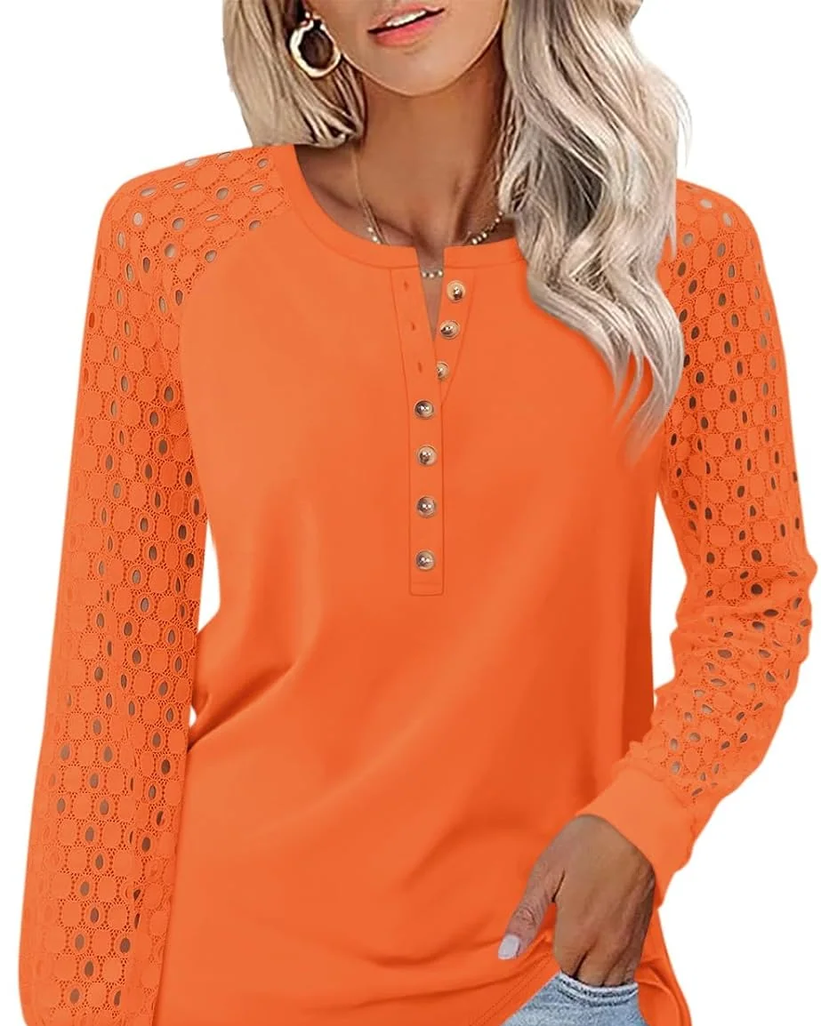 Minetom Women's Lace Long Sleeve Tops Henley Shirts Casual Blouses Tees, Orange, Small, photo 22