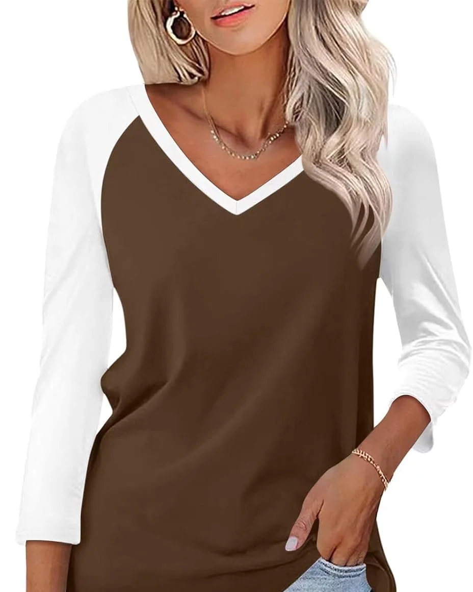 Minetom Women's 3/4 Length Sleeve Tops V Neck T Shirts Casual Basic Tees, Brown, Small, photo 26