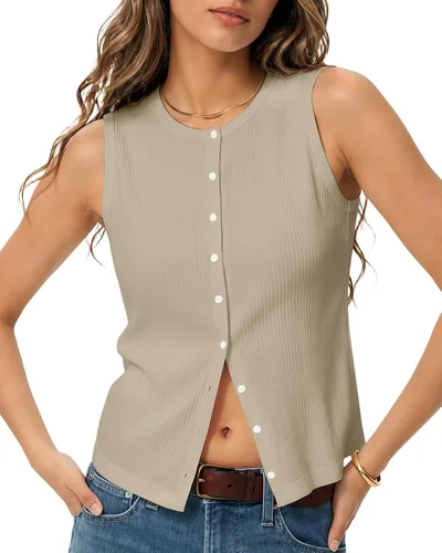 Minetom Womens Sleeveless Button Down Shirts Ribbed Tank Tops Pink, thumbnail 9
