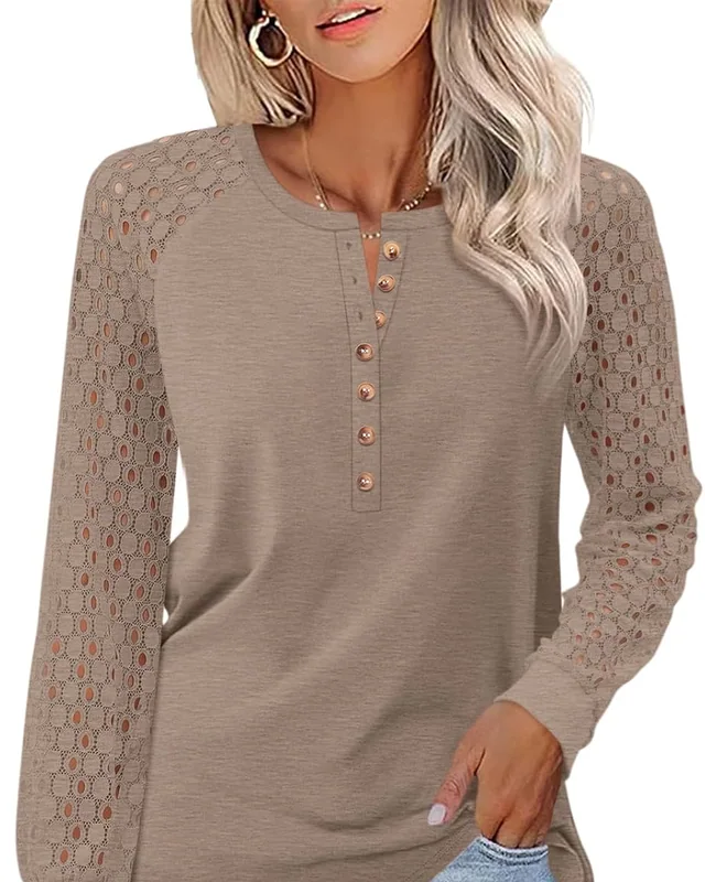 Minetom Women's Lace Long Sleeve Tops Henley Shirts Casual Blouses Tees