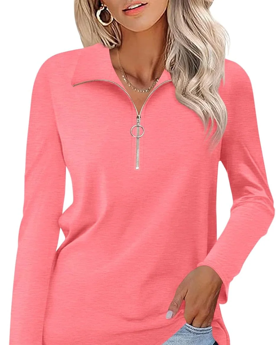 Minetom Womens Long Sleeve Shirts 1/4 Zipper Pullover V Neck Collar Tops, Coral, Small, photo 1