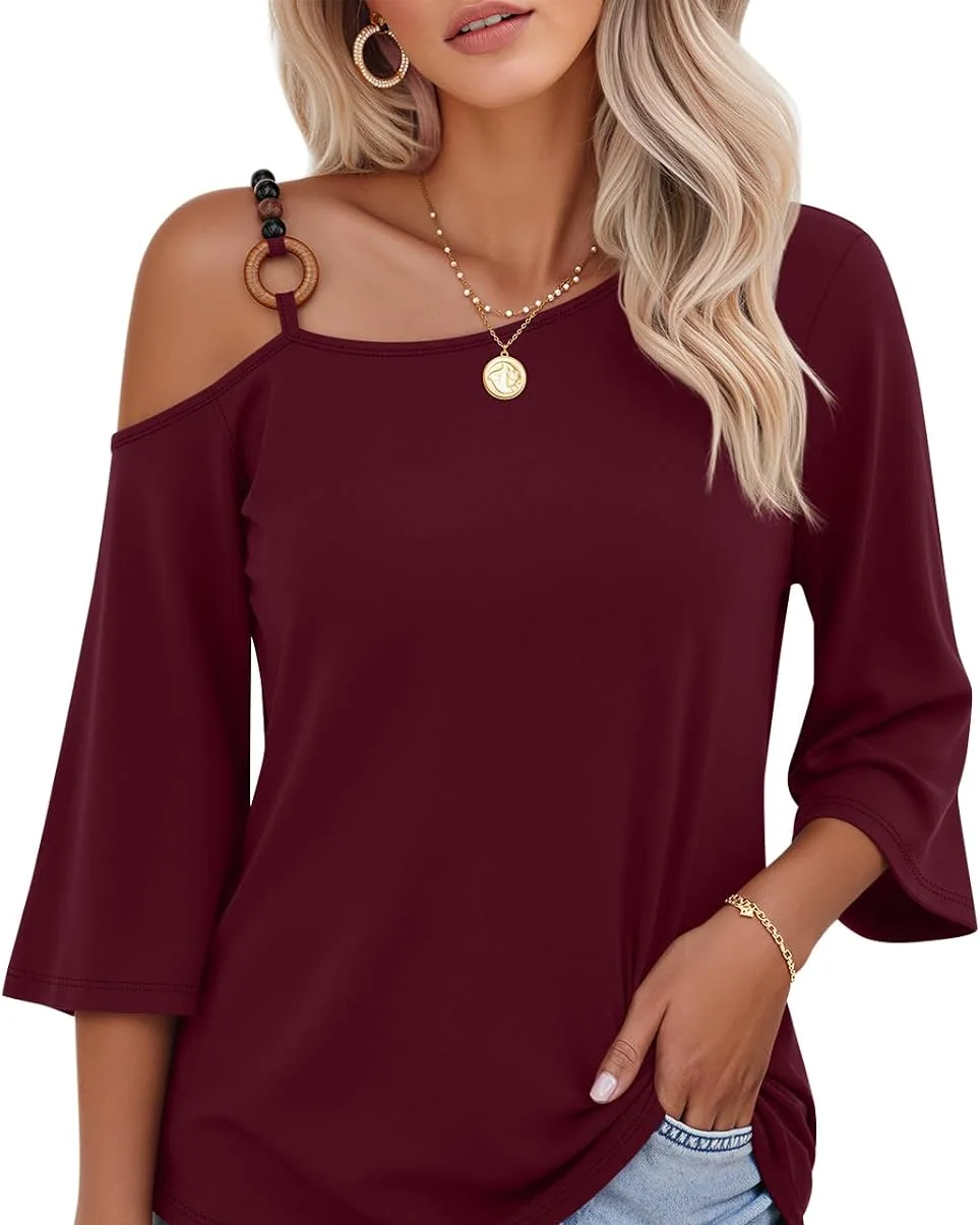 Minetom Women's Off the Shoulder Tops 3 4 Sleeve V Neck T Shirts Fall Tee, Burgundy, Small, photo 4
