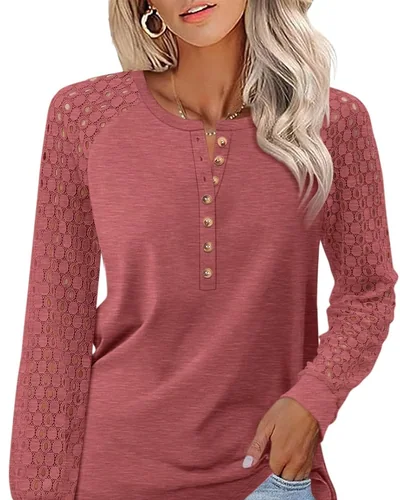 Minetom Women's Lace Long Sleeve Tops Henley Shirts Casual Blouses Tees, thumbnail 19