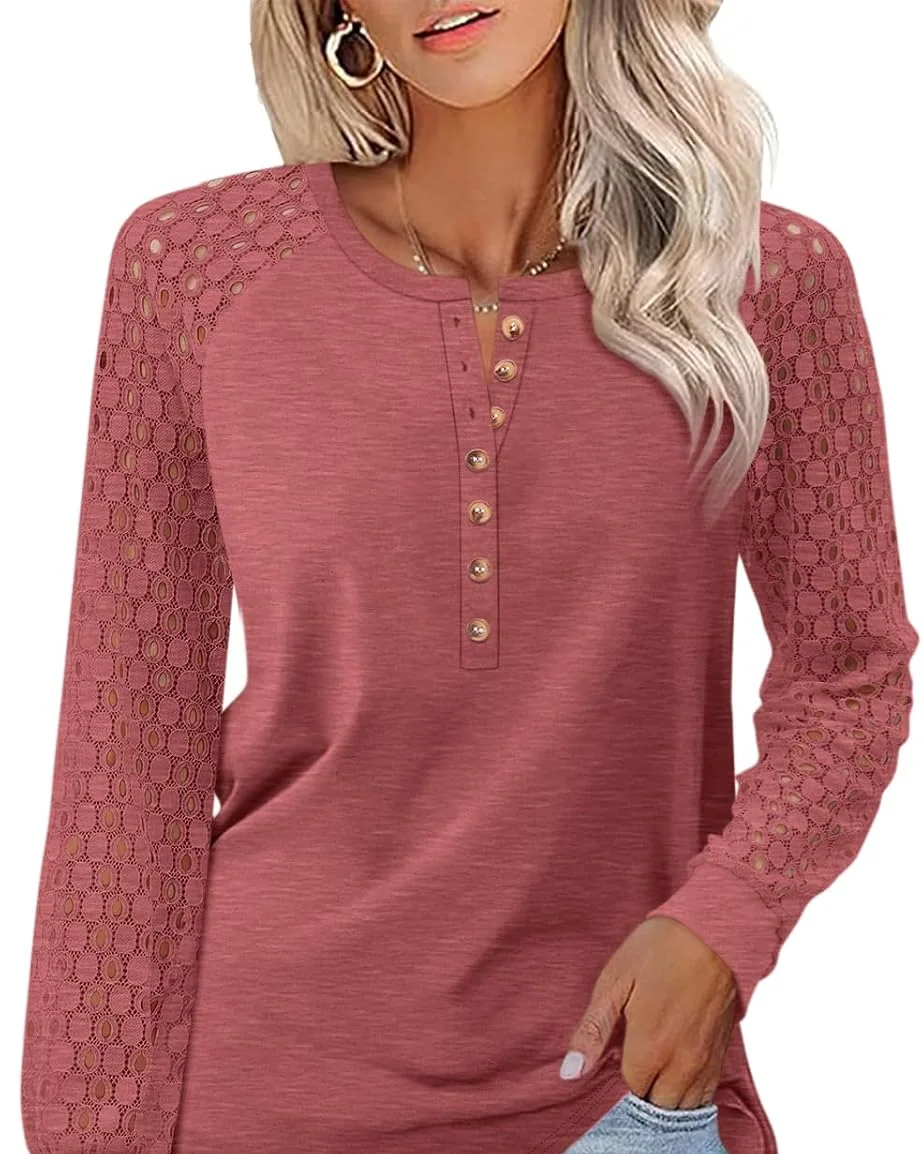 Minetom Women's Lace Long Sleeve Tops Henley Shirts Casual Blouses Tees, Rose Red, Small, photo 19
