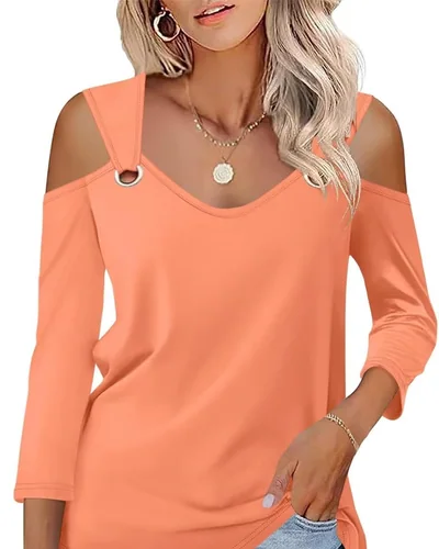 Minetom Women's V Neck 3/4 Sleeve Shirts Cold Shoulder Tops 2026 Fall Tees, thumbnail 16