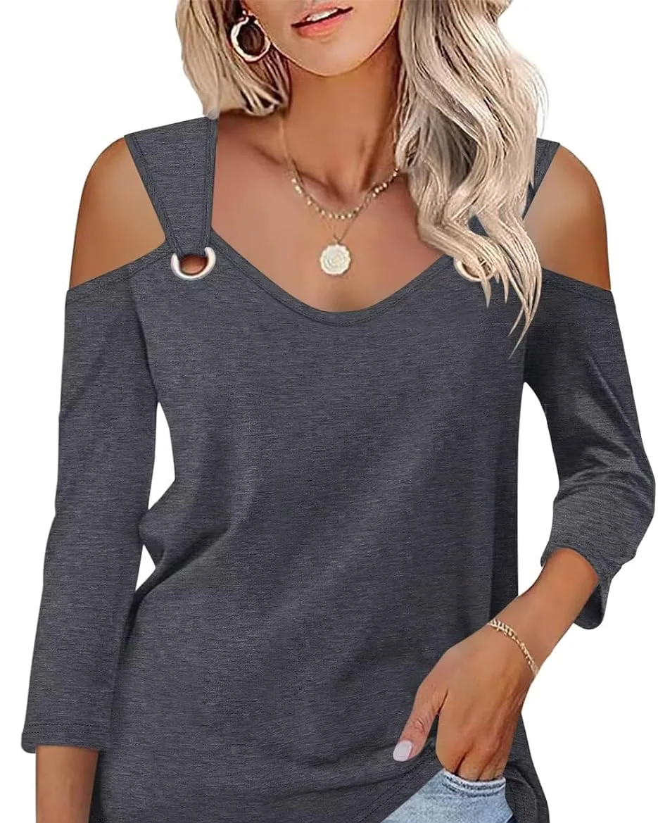 Minetom Women's V Neck 3/4 Sleeve Shirts Cold Shoulder Tops 2026 Fall Tees, Charcoal, Small, photo 22