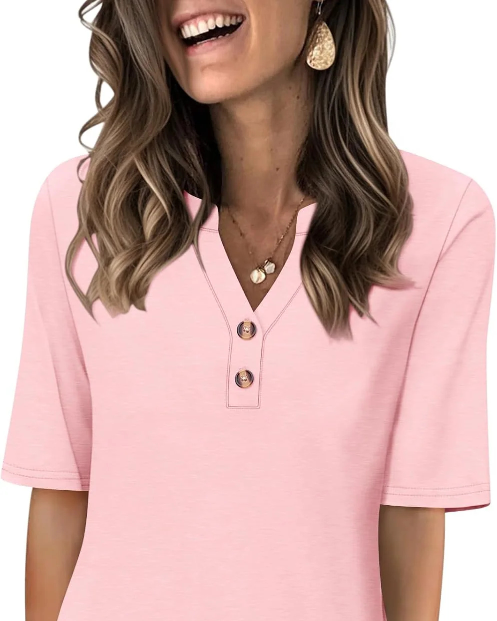 Minetom Women's Half Sleeve Tops V Neck T Shirt Button Casual Tee White, Pink, Small, photo 7
