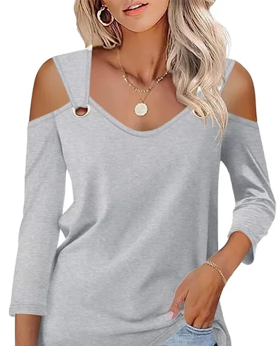 Minetom Women's V Neck 3/4 Sleeve Shirts Cold Shoulder Tops 2026 Fall Tees, thumbnail 28