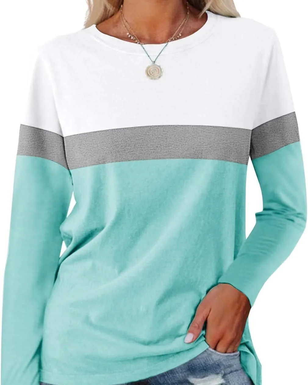 Minetom Women's Color Block Tunic Tops Casual Long Sleeve Shirts Round Neck, White-gray-lake Blue, Small, photo 18