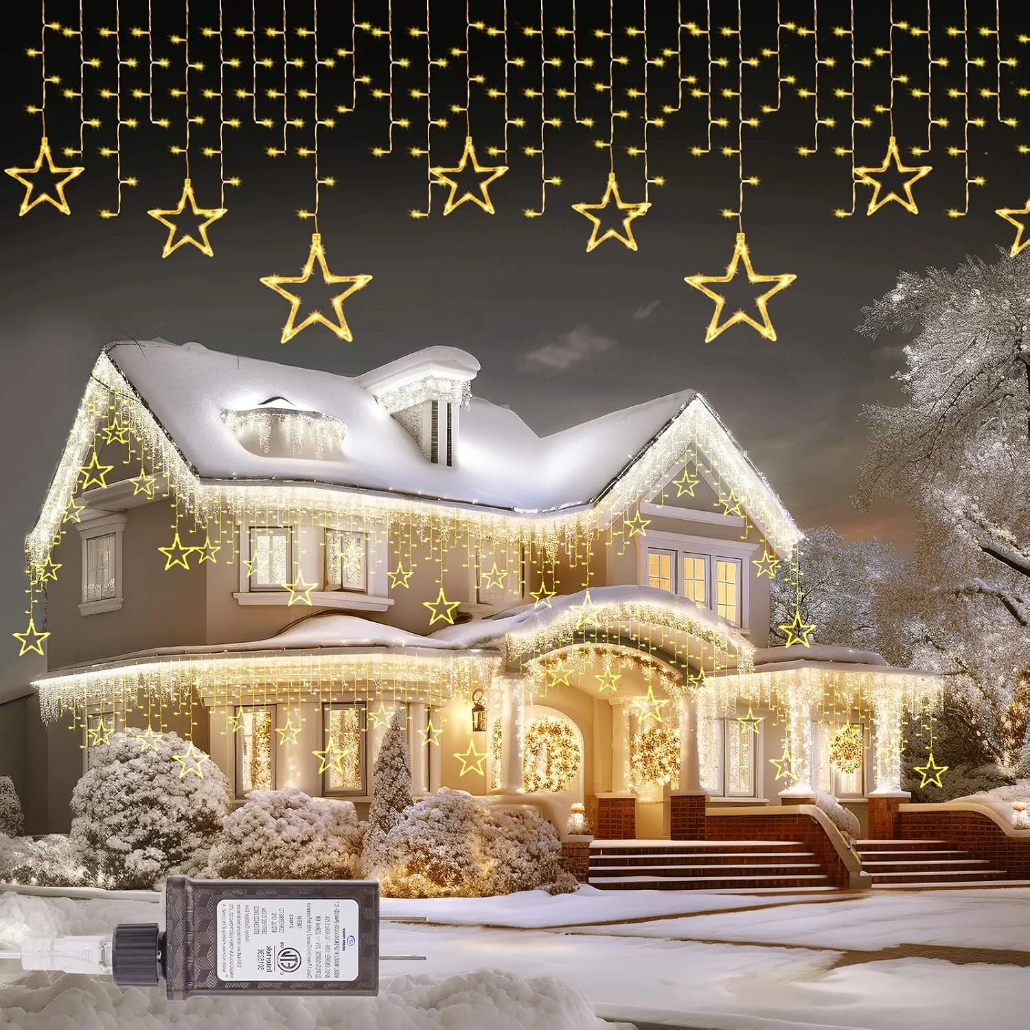Minetom Icicle Lights Outdoor with Snowflake, 20FT 200 LED Icicle Light, Star-Warm White, 20 FT, photo 4