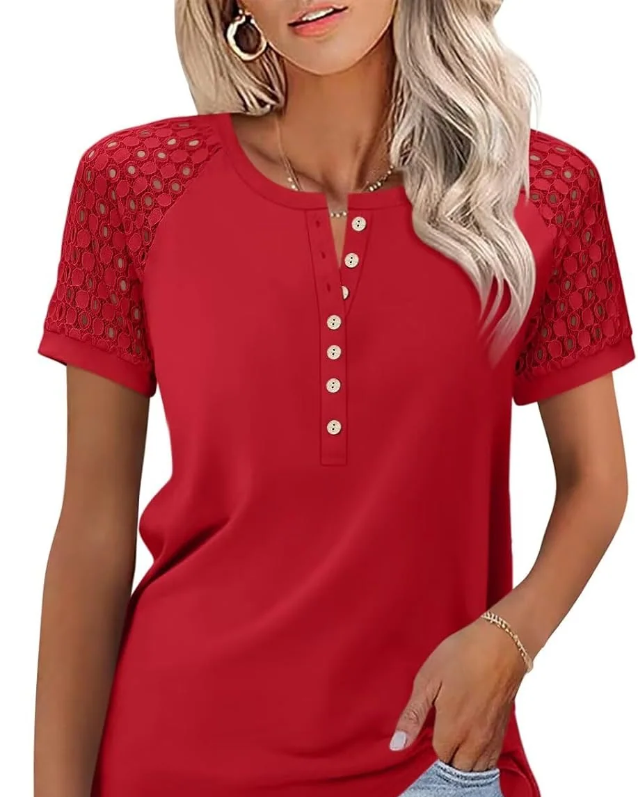 Minetom Women's Lace Short Sleeve Tops Henley Shirts Business Casual Blouses, Red, Medium, photo 6