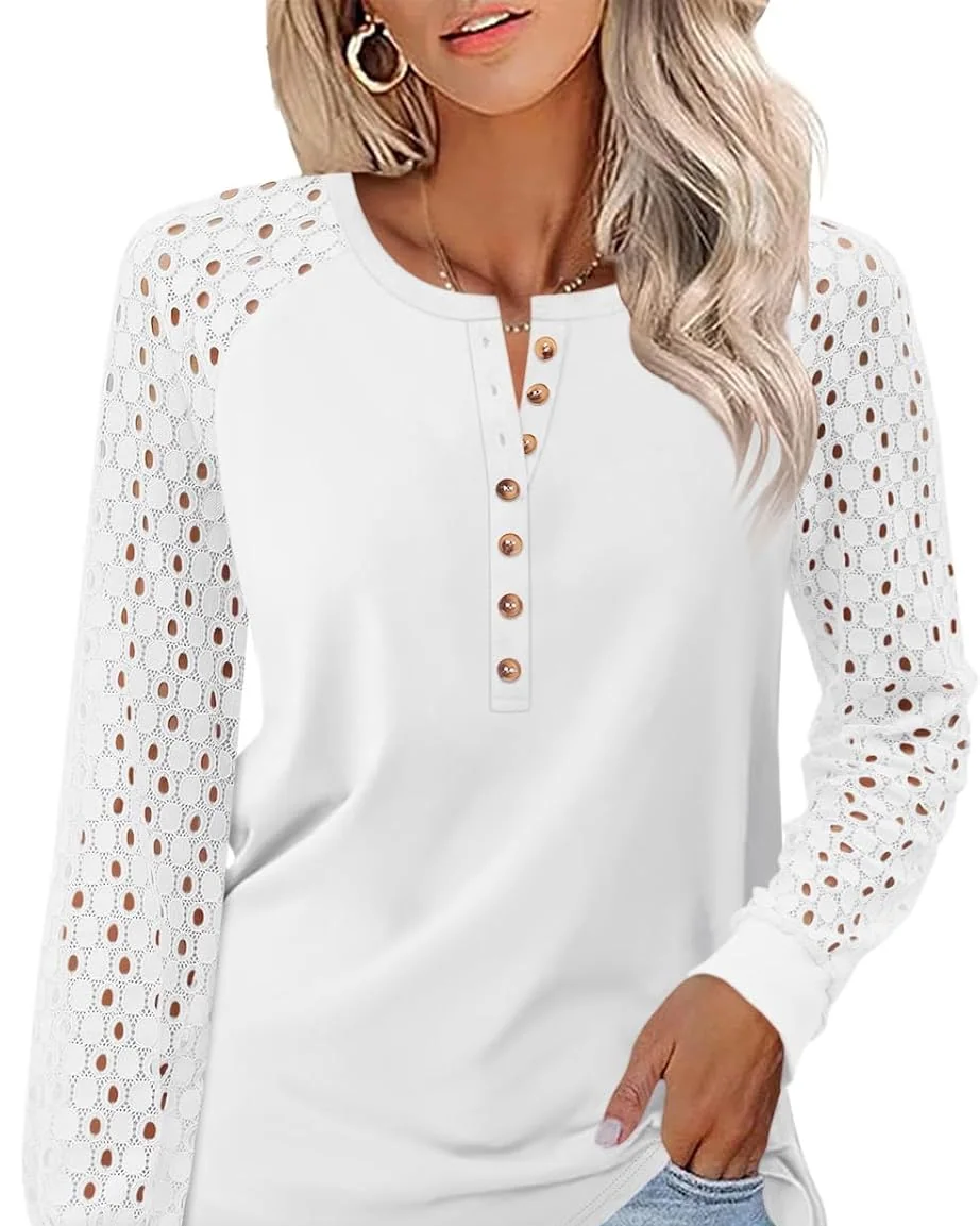 Minetom Women's Lace Long Sleeve Tops Henley Shirts Casual Blouses Tees, White, Small, photo 16