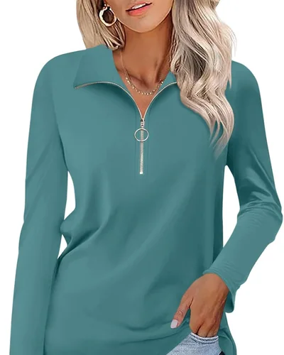 Minetom Womens Long Sleeve Shirts 1/4 Zipper Pullover V Neck Collar Tops, thumbnail 8