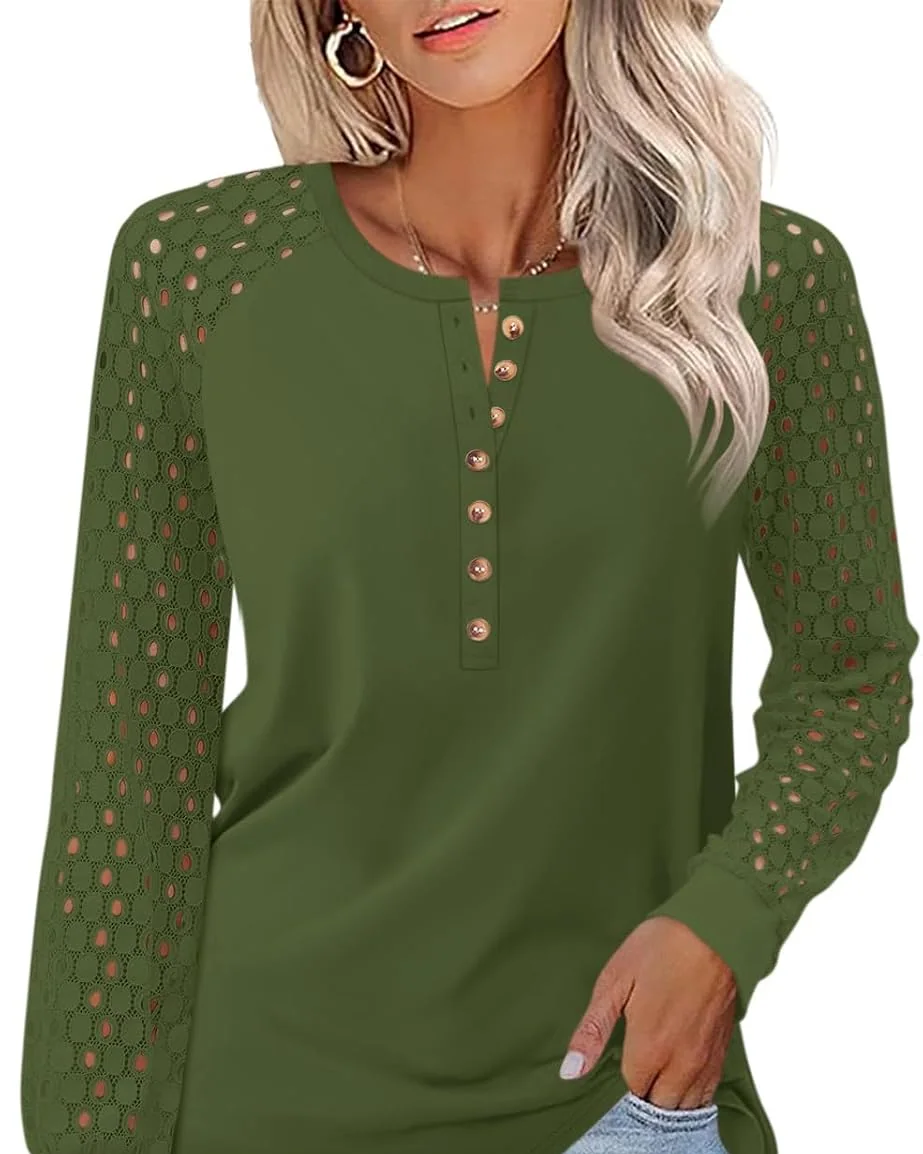 Minetom Women's Lace Long Sleeve Tops Henley Shirts Casual Blouses Tees, Army Green, Small, photo 9