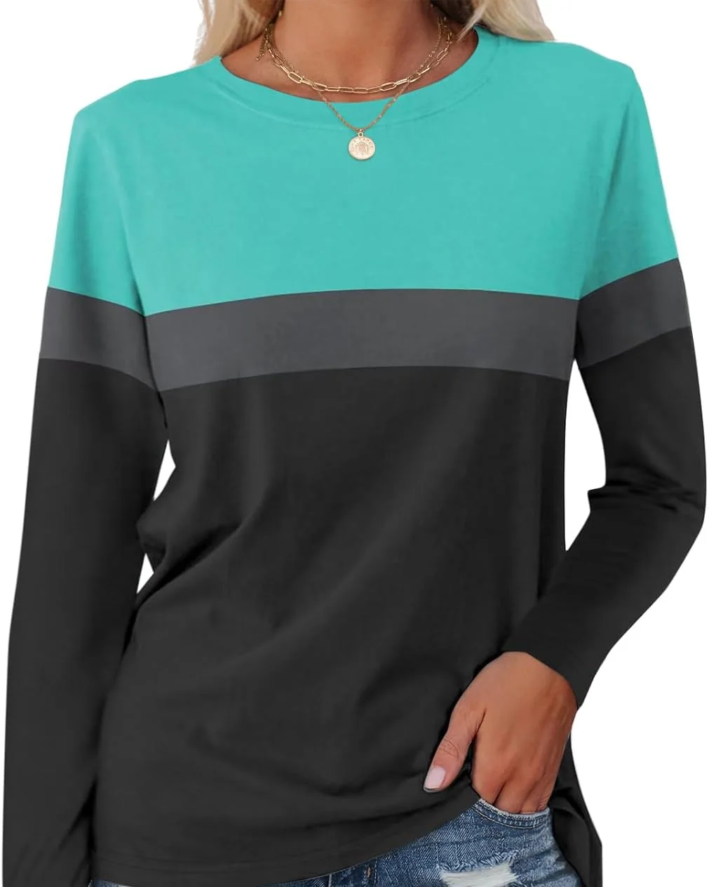 Minetom Women's Color Block Tunic Tops Casual Long Sleeve Shirts Round Neck, Mint-charcoal-black, Small, photo 9