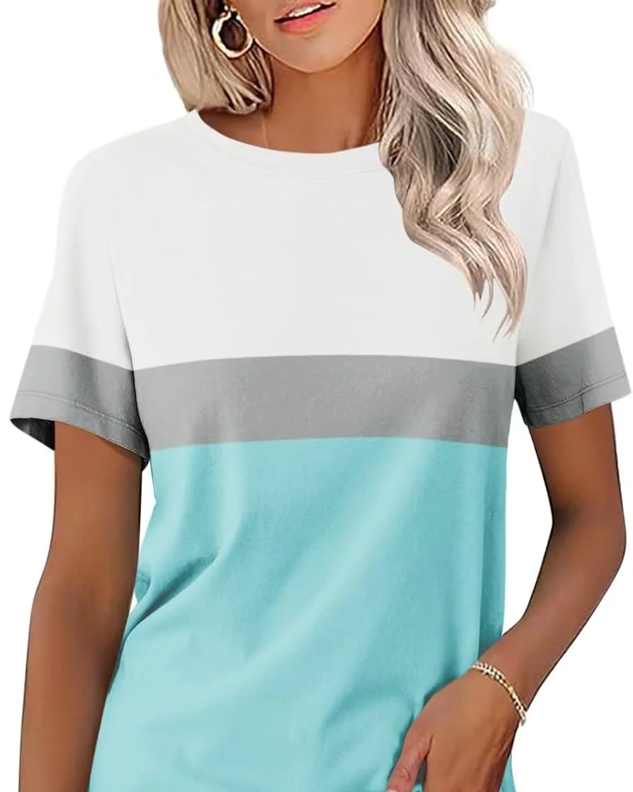 Minetom Womens Color Block T Shirts Short Sleeve Tops Summer Tees, White-gray-lake Green, Small, photo 15