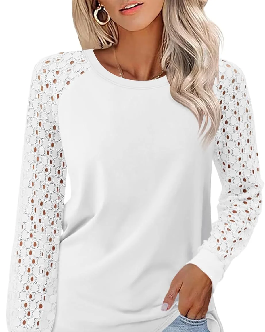 Minetom Womens Lace Tops Long Sleeve Shirts Dressy Casual Blouses Trendy, White, Large, photo 7